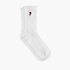 Women’s Ruffle Rib Quarter Sock | White x Rose Embroidery
